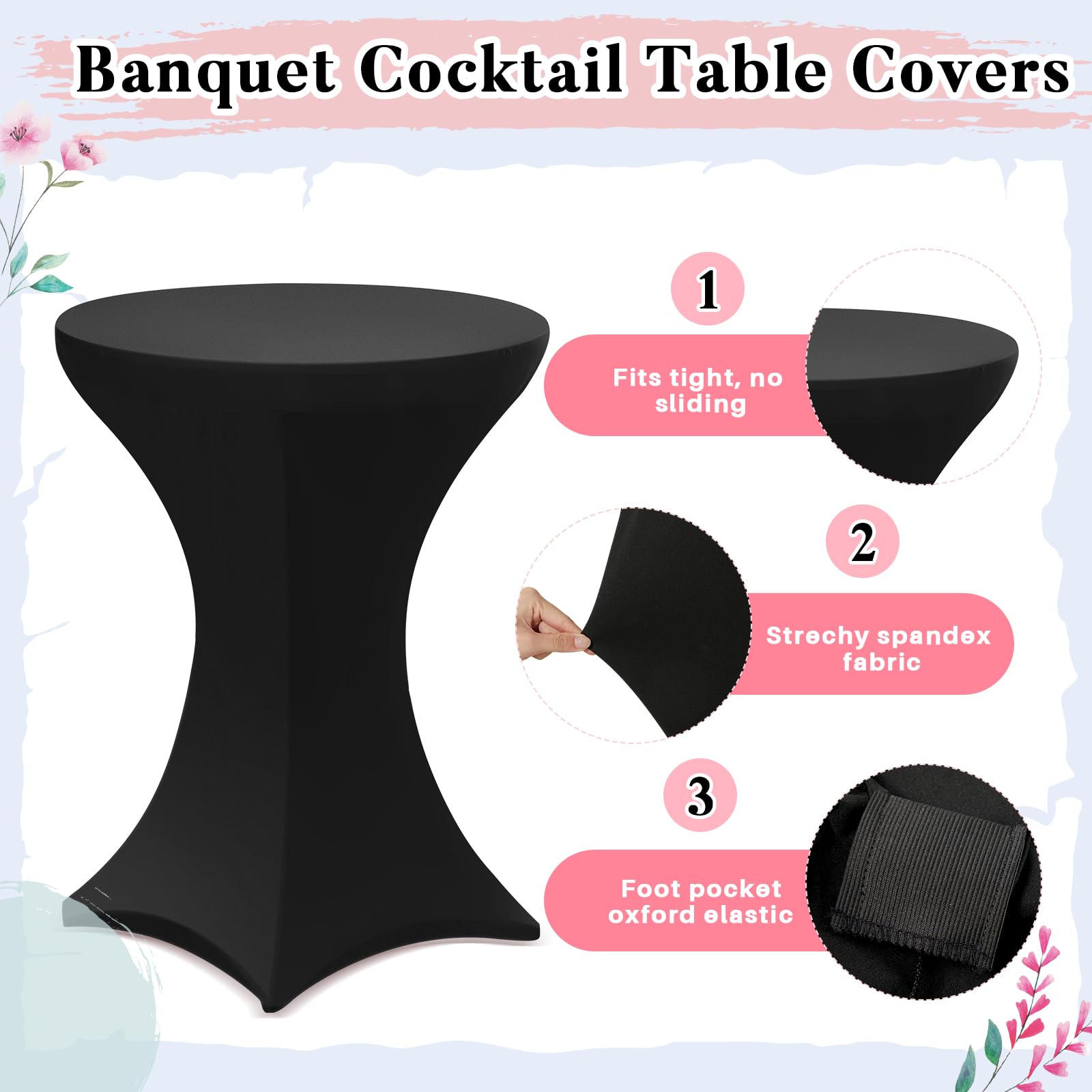 VitalCozy 6 manteles de elastano para mesa de cóctel de 81 x 109 cm con 6 bandas, ajustables, elásticos, manteles de cóctel de parte superior alta, decoración para bodas, cumpleaños, banquetes,