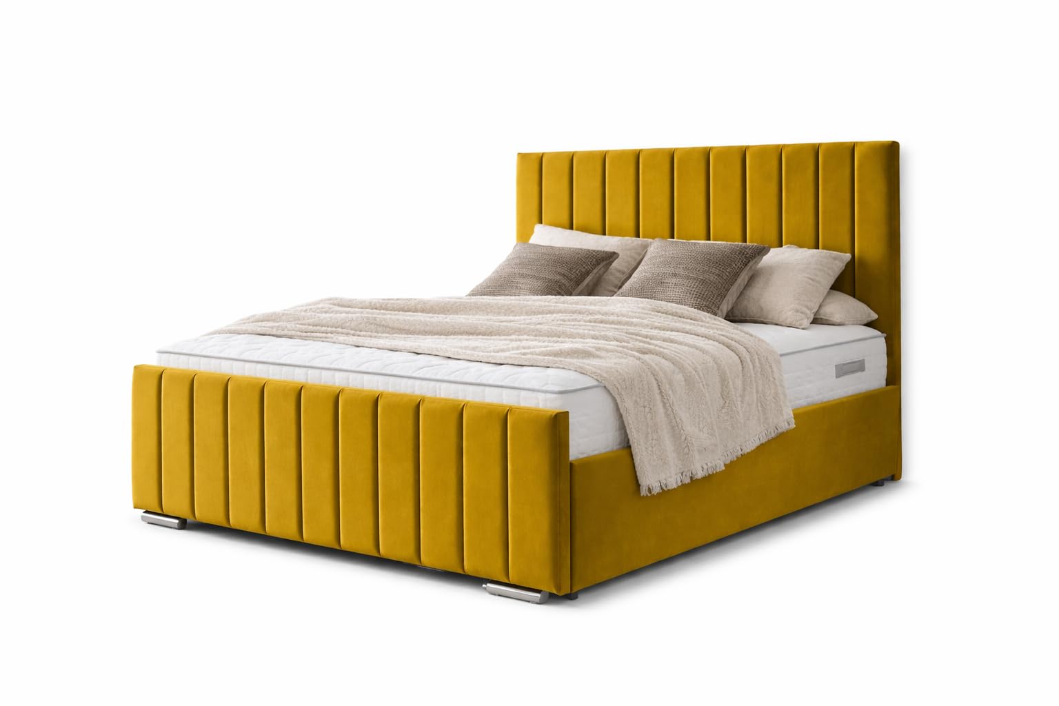 Plush Divan Bed Frame with Storage, 46-Inch Upholstered Headboard, 20-Inch Footboard, Contemporary Design, Small Double (Mustard, 3ft)