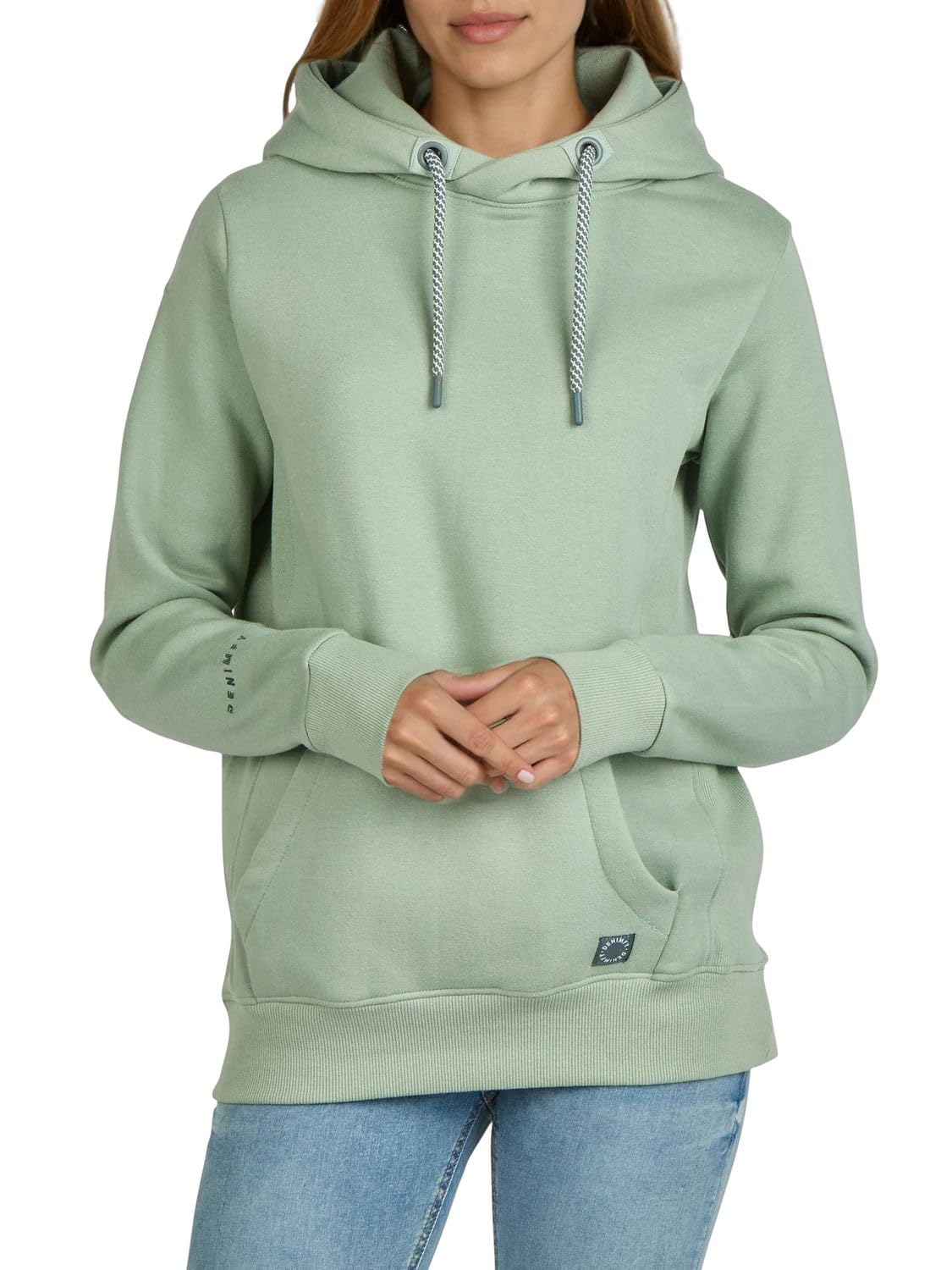 DENIMFY Hoodie Damen Regular Fit DFEmma Kapuzenpullover Pullover Cross-Over Kragen Schwarz Beige Grau Rose Blau Grün S M L XL XXL