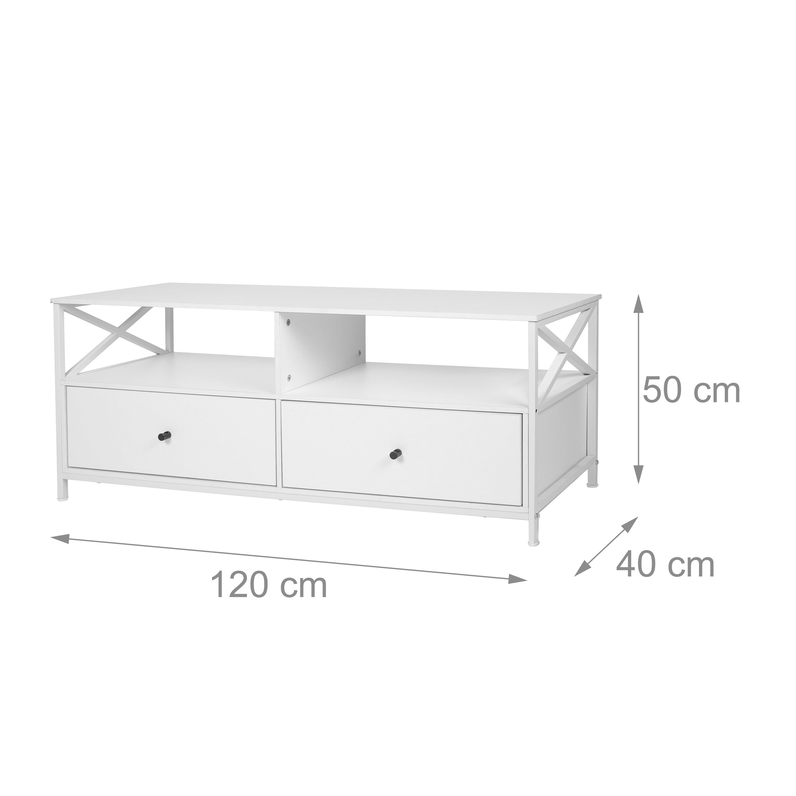 Relaxdays TV-Lowboard, 2 Fächer & 2 Schubladen, TV-Schrank bis 55 Zoll, HBT: 50 x 120 x 40 cm, Fernsehtisch, weiß