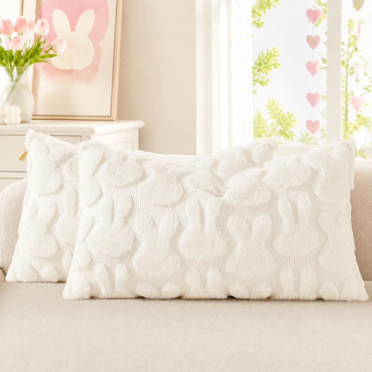 decorUhome Cream White Faux Fur Bunny Throw Pillow Covers 12x20 Set of 2