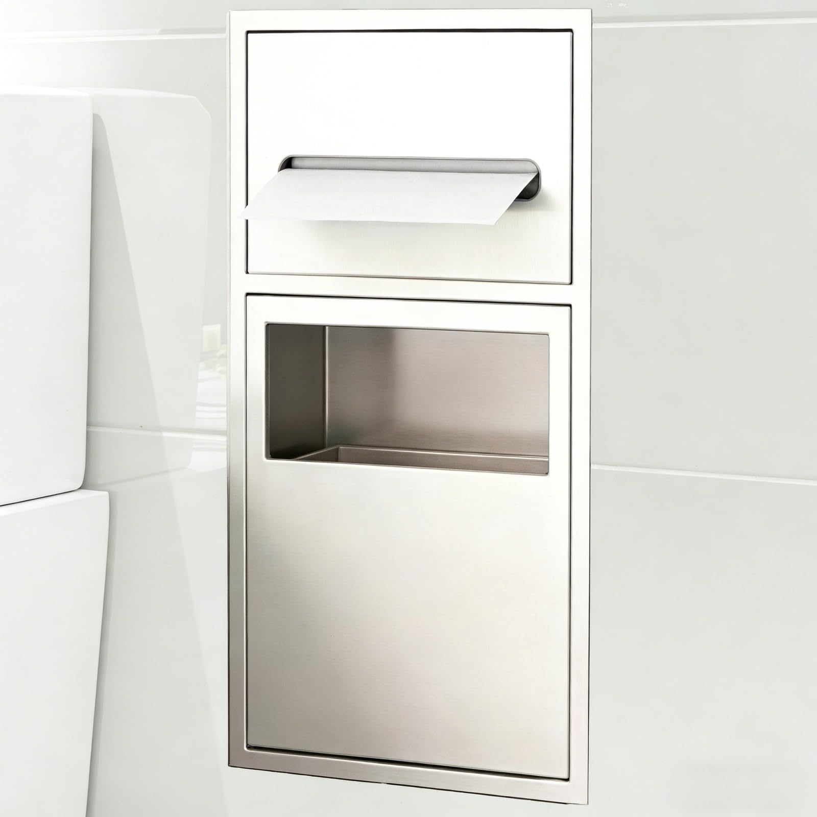 Dispensador Papel Secamanos Empotrado, Dispensador de Toallas de Papel de Acero Inoxidable 304, Bote de Basura de Gran Diámetro de 8 L para Uso Comercial, Baño(White)