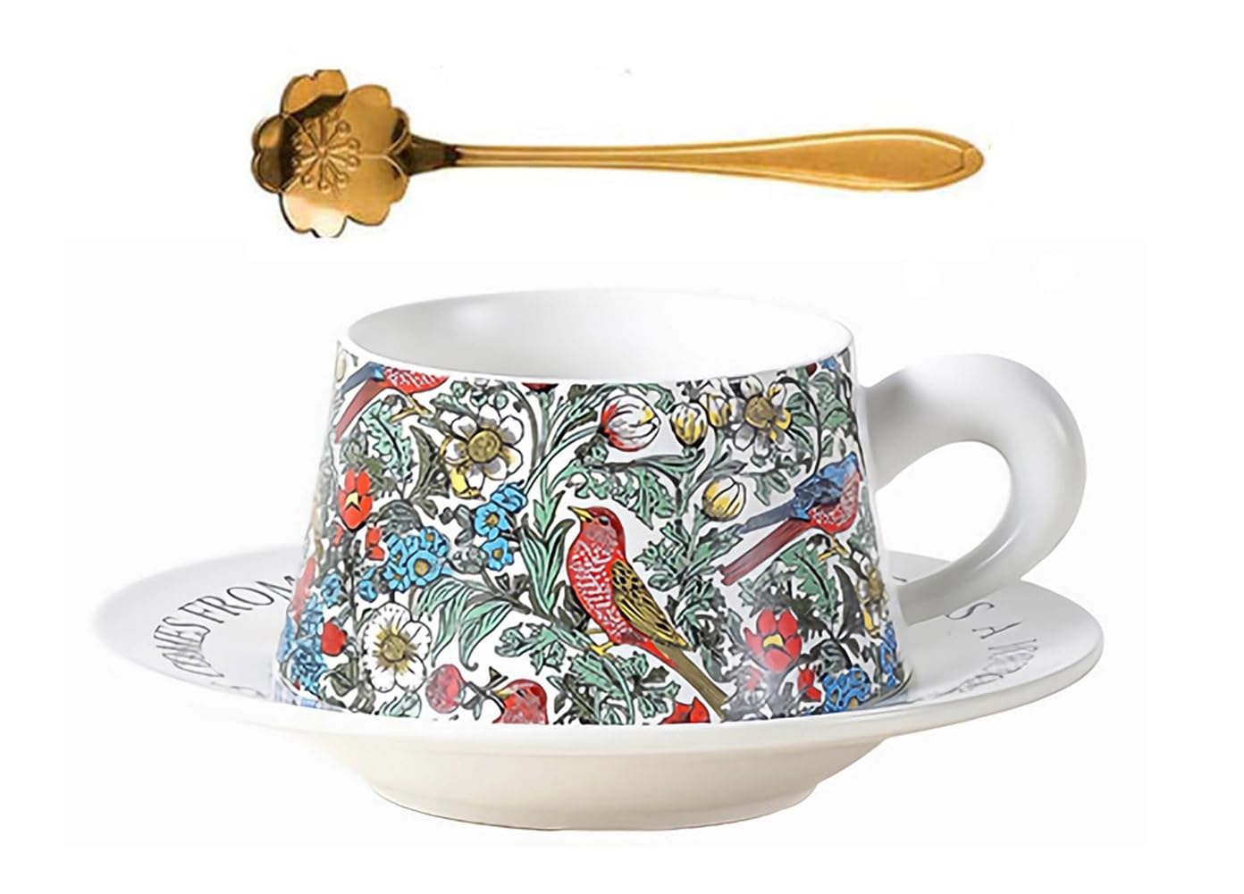 Eplze YBK Tech Morris Style Ceramic Cup and Saucer Set, 9oz Teacup with Saucer- Birds and Floral Pattern (White)