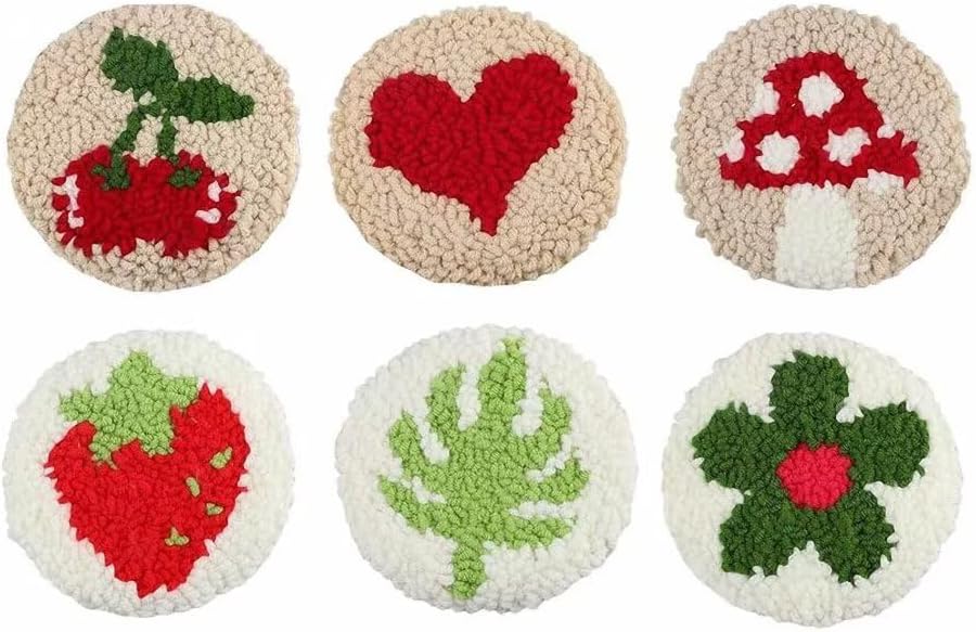 Punch Needle Coaster Kit 6 Patterns Cherry Tufted Rug Pads, DIY Needle Punch Coaster Kit for Adults Beginners with Adhesive Felt Yarns Embroidery Hoop Tools Instruction
