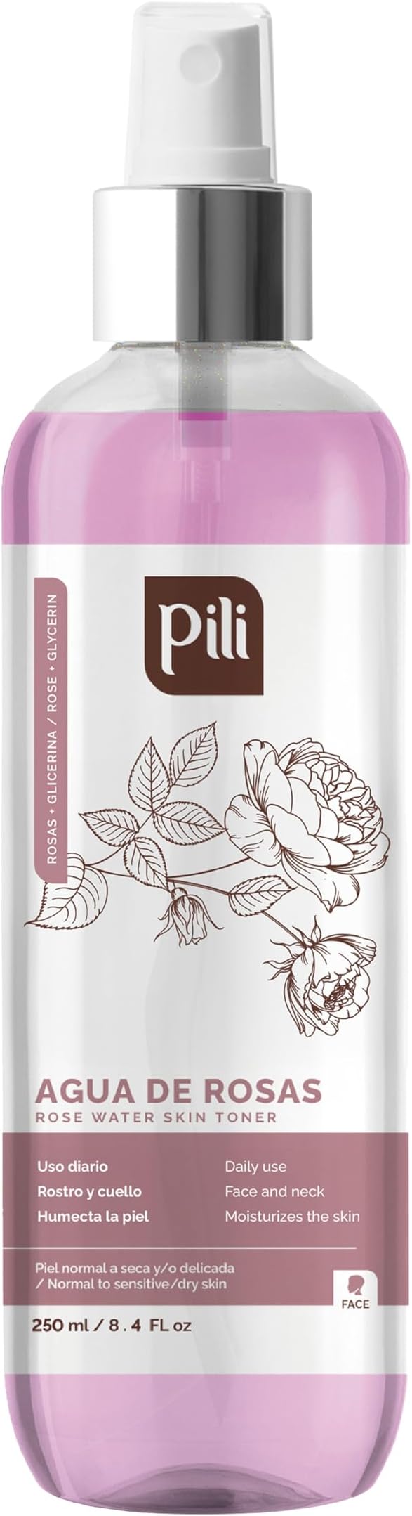 PILI Rose Water, Facial Toner for Sensitive Skin. Refreshes, Tones and moisturizes with The Softness of The Natural Extract of Roses and Glycerin. 8.4 oz