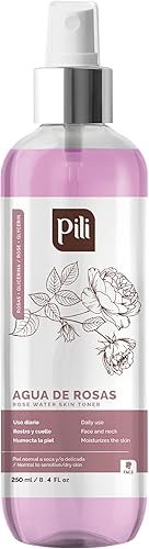Agua de rosas Pili, tónico facial para pieles sensibles. Refresca, tonifica e hidrata con la suavidad del extracto natural de rosas y glicerina. 8.4