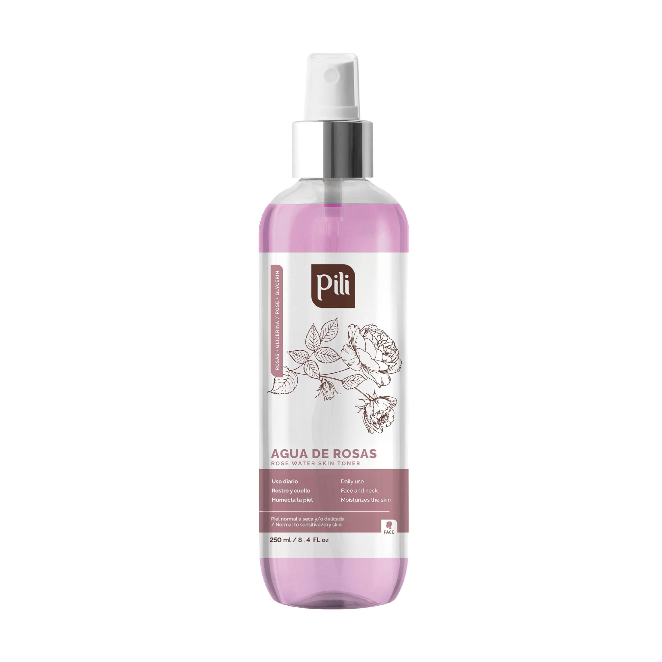 PILI Rose Water, Facial Toner for Sensitive Skin. Refreshes, Tones and moisturizes with The Softness of The Natural Extract of Roses and Glycerin. 8.4 oz