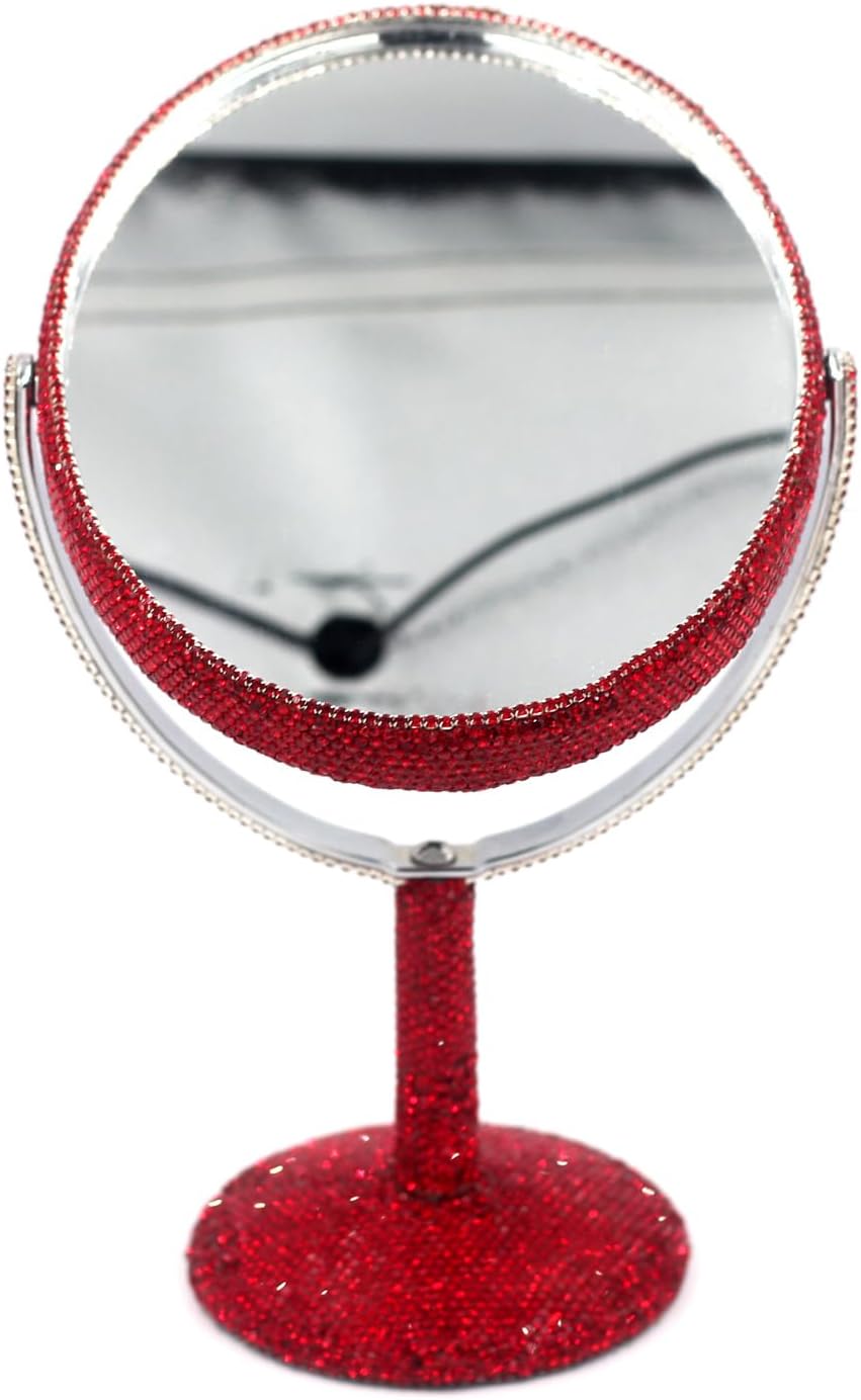 Bling Bling 6-Inch Double-Sided Tabletop Makeup Mirror, Oval Metal Makeup Mirror with 1:2 Magnifying Mirror, Rotating Mirror for Vanity (Red)