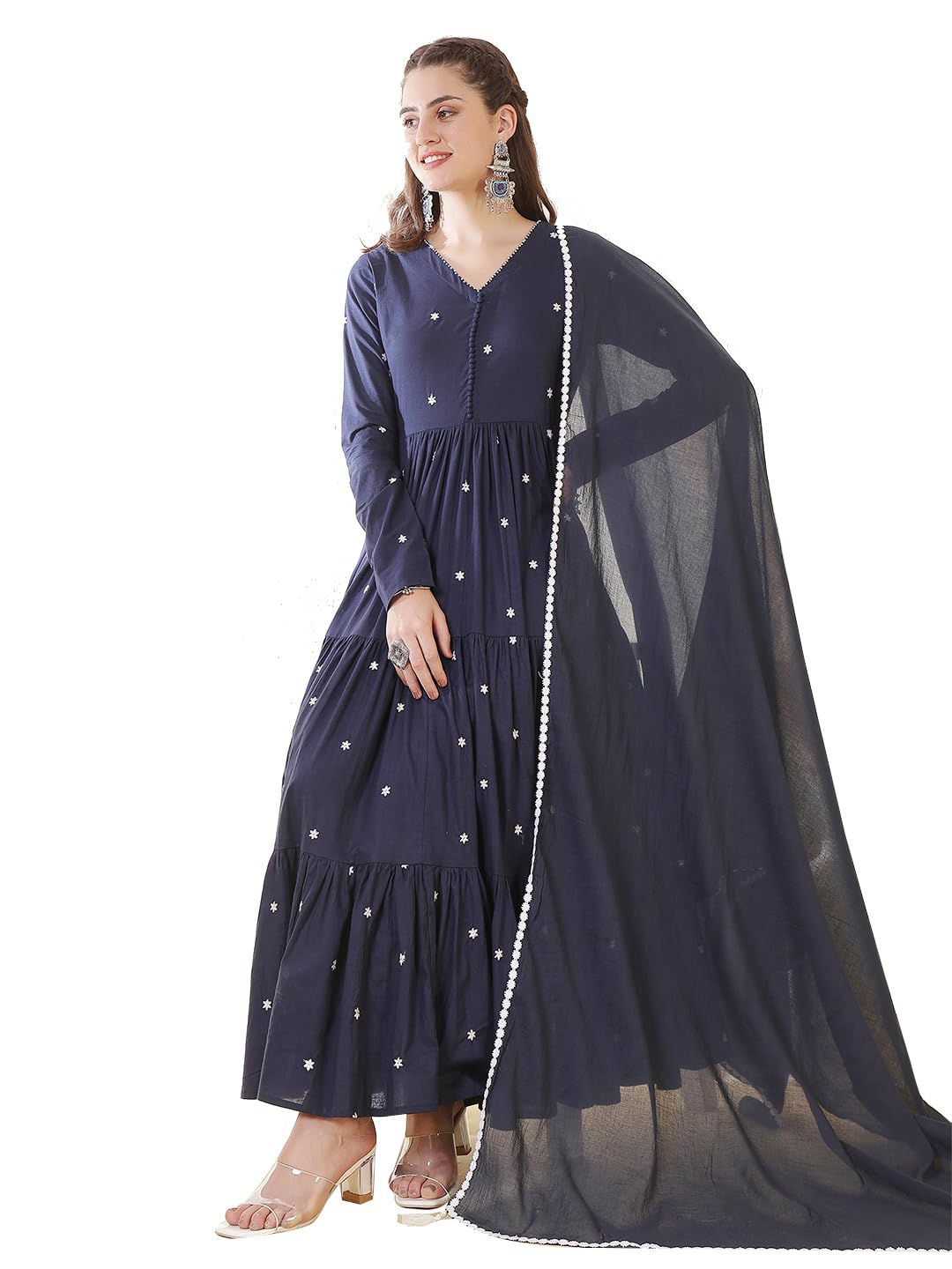 gulmohar jaipur Women's Cotton Ankle Length Printed Full- Sleeves V-Neck Tired Kurta Suit Set-picture-31