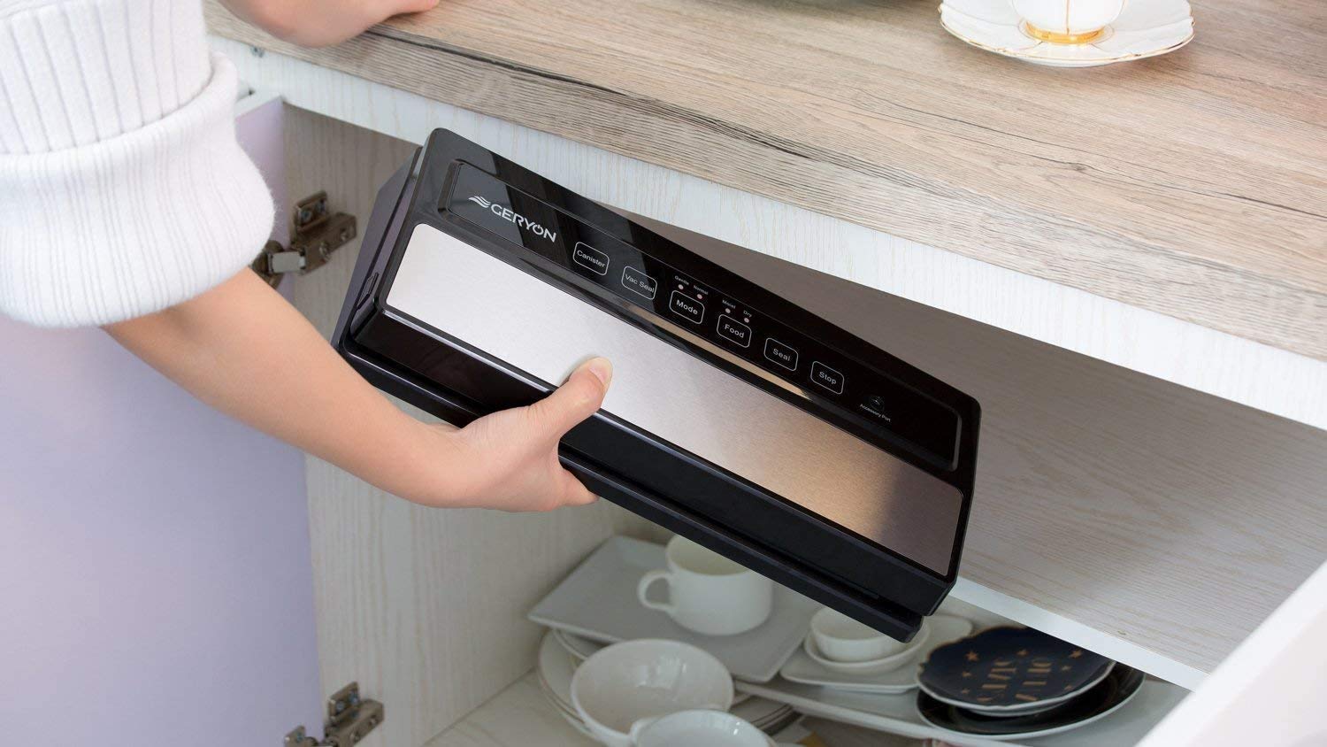 GERYON Vacuum Sealer Machine, Automatic Food Sealer for Food Savers w/ Starter Kit|Led Indicator Lights|Easy to Clean|Dry & Moist Food Modes| Compact Design (Silver)