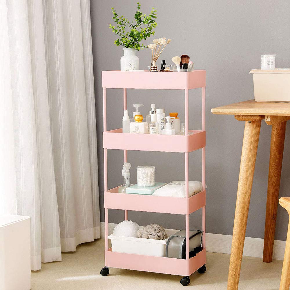 4 Tier Utility Rolling Cart Pink Storage Cart with Wheels Slim Organzier Cart Slide Out for
