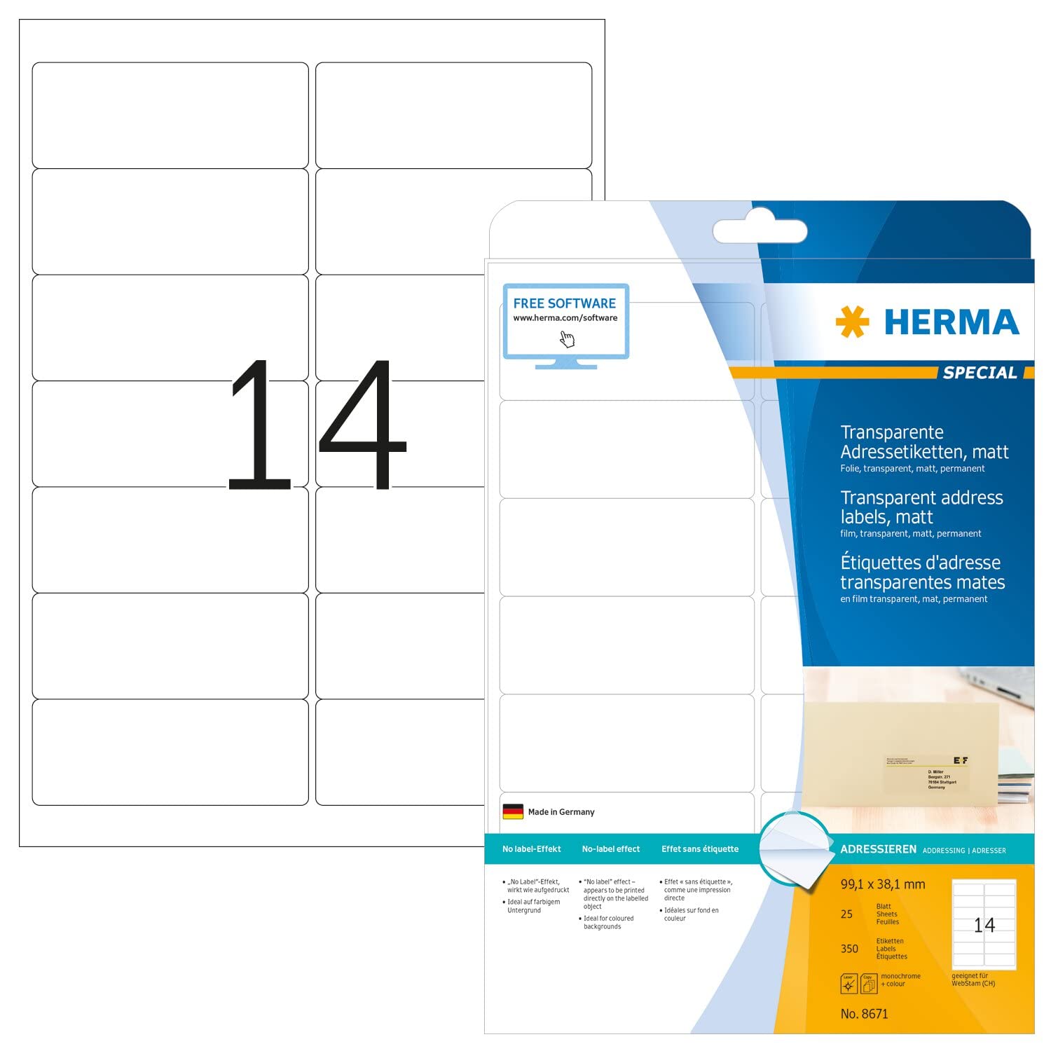 HERMA Self Adhesive Clear Film Labels, 14 Labels per A4 Sheet, 25 Sheets, 99.1 x 38.1 mm, 350 Labels, Blank Weatherproof Labels Stickers, Sticky Labels for Laser & Inkjet Printer, Transparent