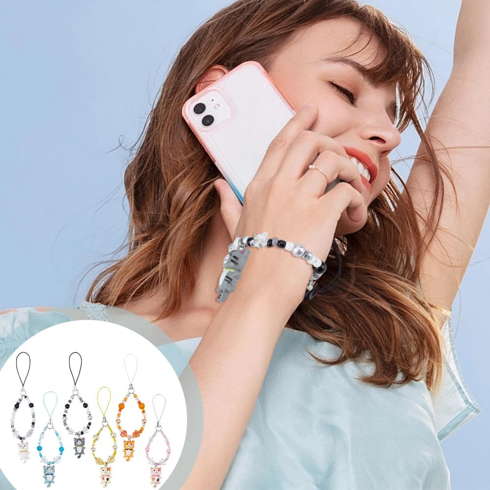 BENECREAT 6 Styles Cell Phone Strap Charms, Cat Pendant Charm Portable Keychain Strap Star Beads Phone Accessories for Car Key Purse Decoration Bags Keychain,5.7 inch Long