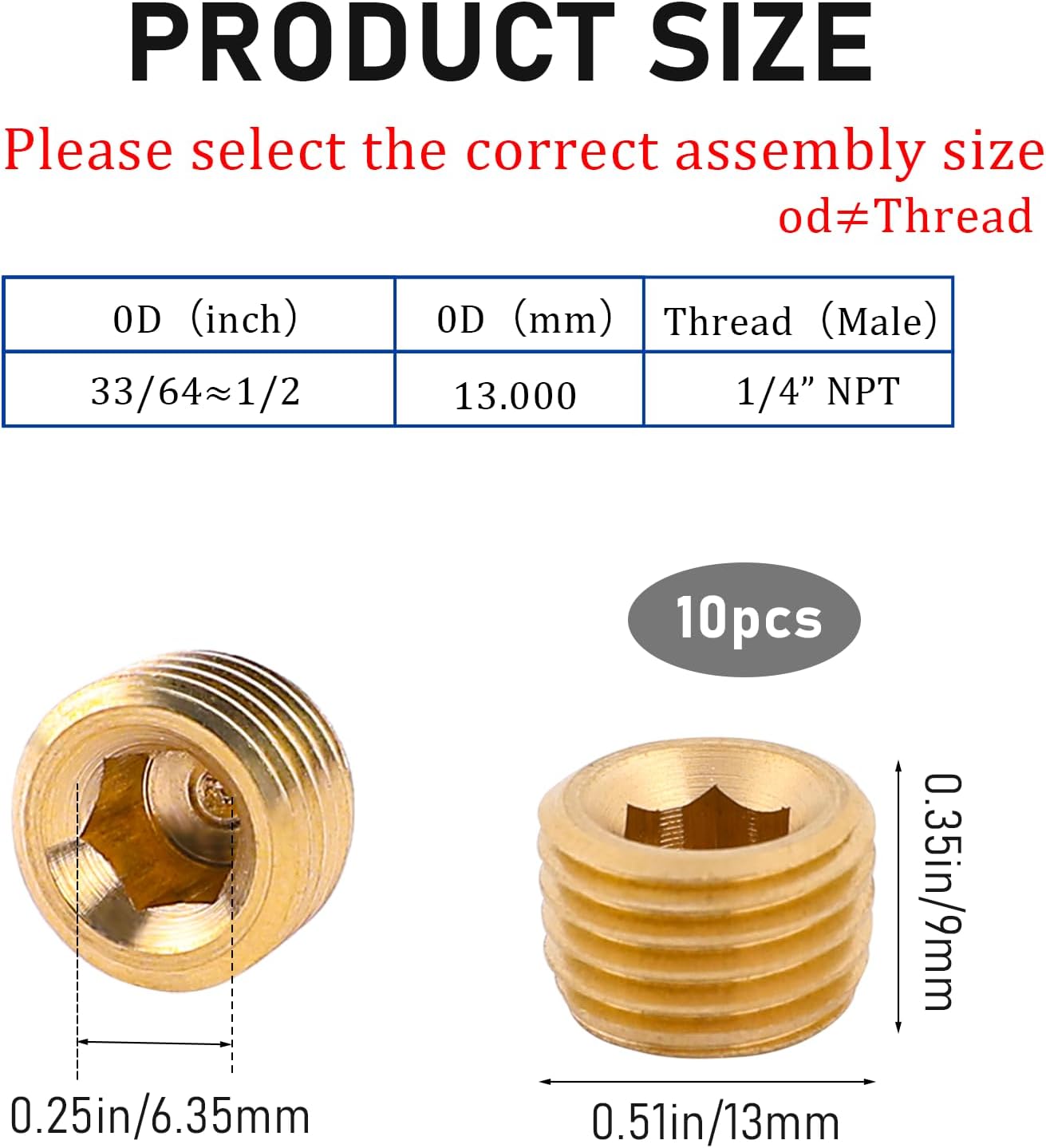 10PCS 1/4" NPT Male Pipe Plug Fitting Set Brass Hex Counter Sunk Pipe Plug