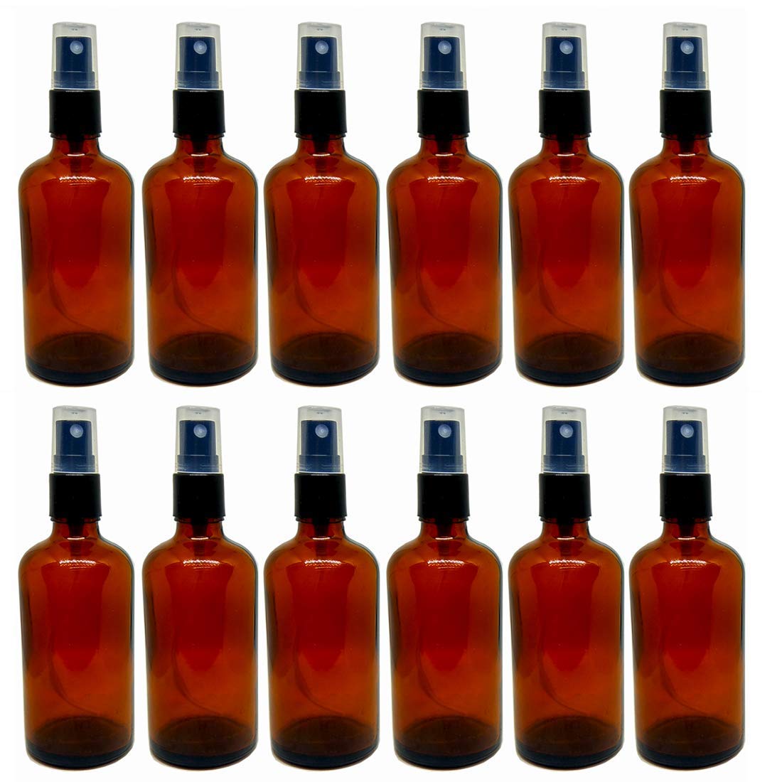 Amber Glass refillable 100ml Round Bottle with Mist Spray Pump for Multi use Set of 12 Pcs