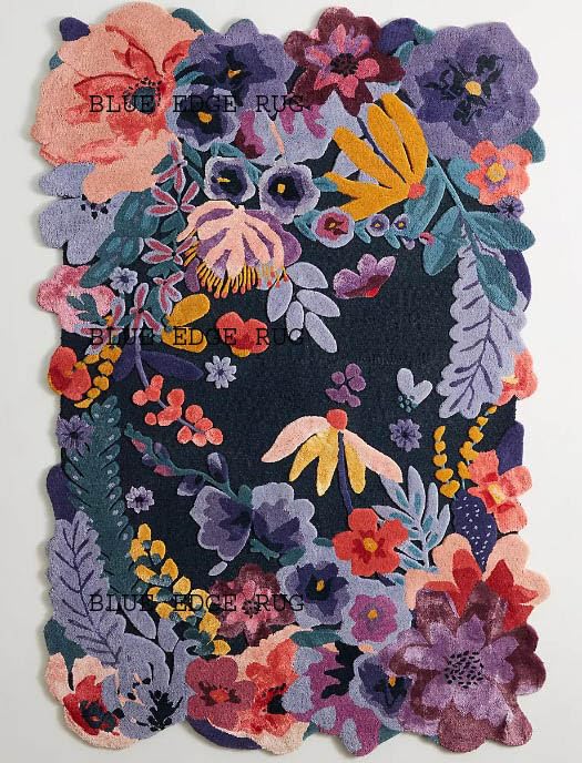 Blue Edge Rug New Tufted Jardin Rug Handmade Flower Multicoloured Irregular Area Rug 100% Imported Blended Wool Floral Area Rug. (Navy Blue)