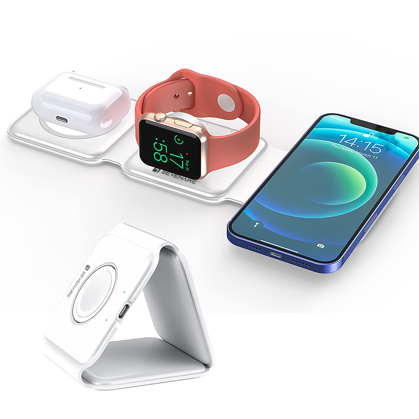 SEVENAIRE MagCharge D1900 3 in 1 Wireless Charger for iPhone 16 to 8 Series, iWatch 10 to 3, Air-Pods [23W Fast Charging] [MagSafe Compatible] Foldable | Supports Dual Phone Charge (White) (B09T71Z7RP) Amazon Price History, Amazon Price Tracker