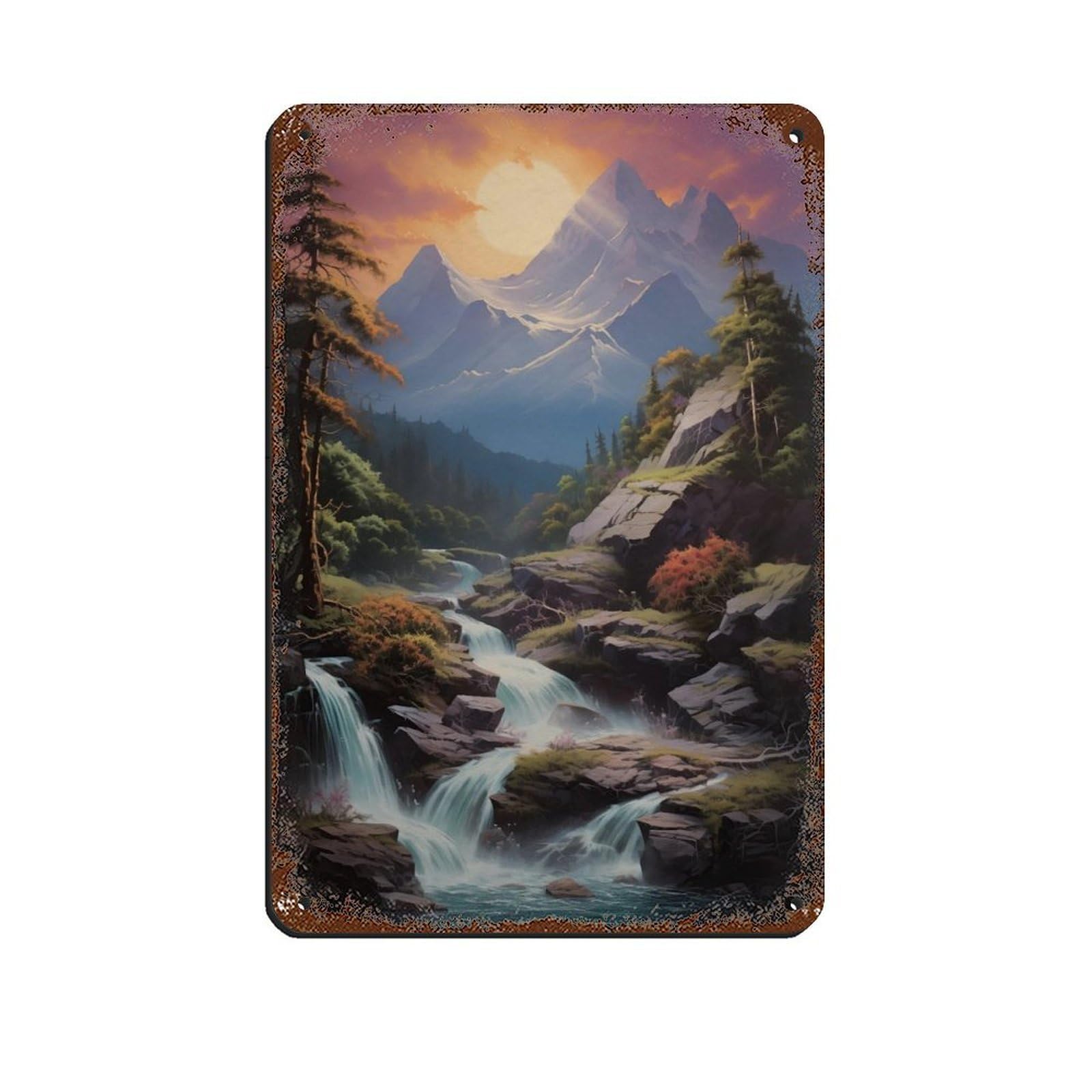 Lxwnze 20L X 30W Cm Mountain Sunset Waterfall Art,Vertical Forest Retro Poster Metal Tin Sign Chic Art Retro Iron Painting Bar People Cave Cafe Family Garage Poster Wall Decoration 8X12inch(20X30cm)