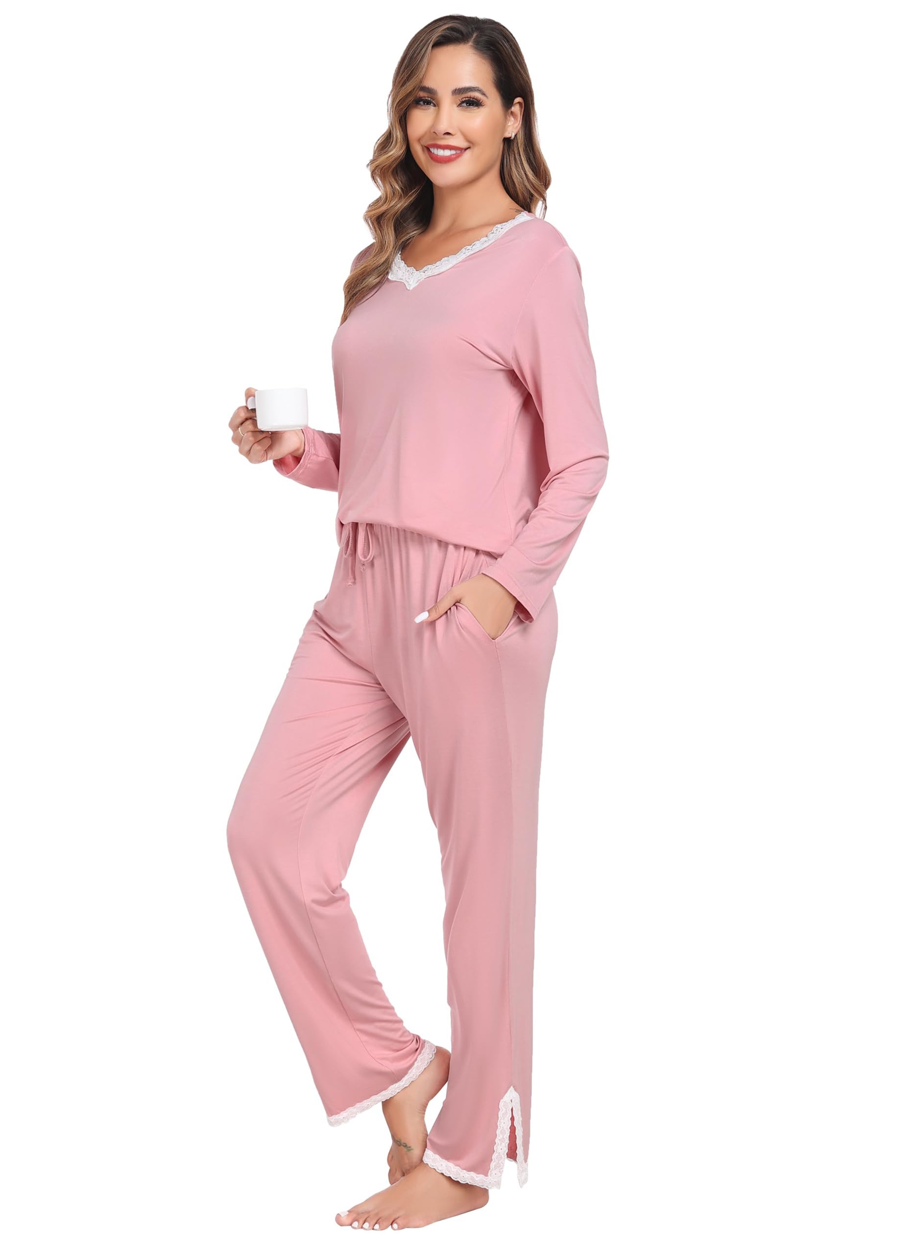 Lovasy Pigiama Donna Manica Lunga Pantaloni Lunghi Casual Scollo a V Top con Motivo a Pois Carino con Tasca Due Pezzi