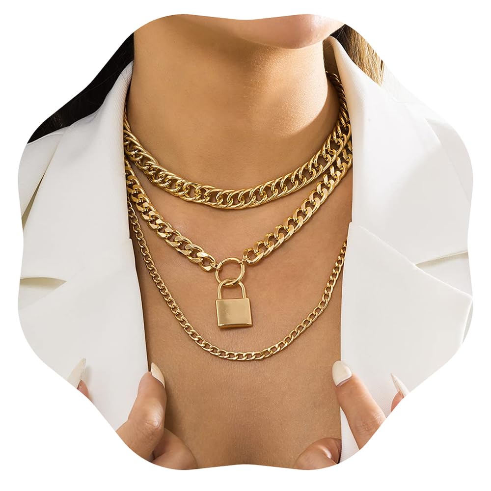 Jumwrit Chunky Chain Necklace Punk Layered Choker Necklaces Cuban Link Chain Necklace with Lock Pendant Necklace Statement Necklace for Women and Girls