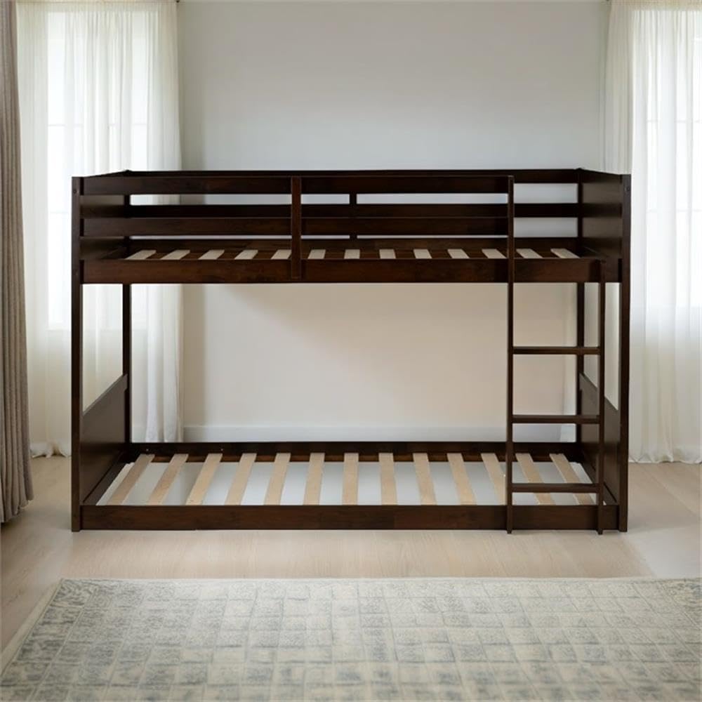 BOWERY HILL Twin Low Profile Bunk Bed, Solid Rubberwood and MDF, Espresso Finish, 77.33" L x 42.25" D x 51.5" H, Space-Saving Design, Durable Construction, 290 lbs Capacity, Kids or Guest Bedroom