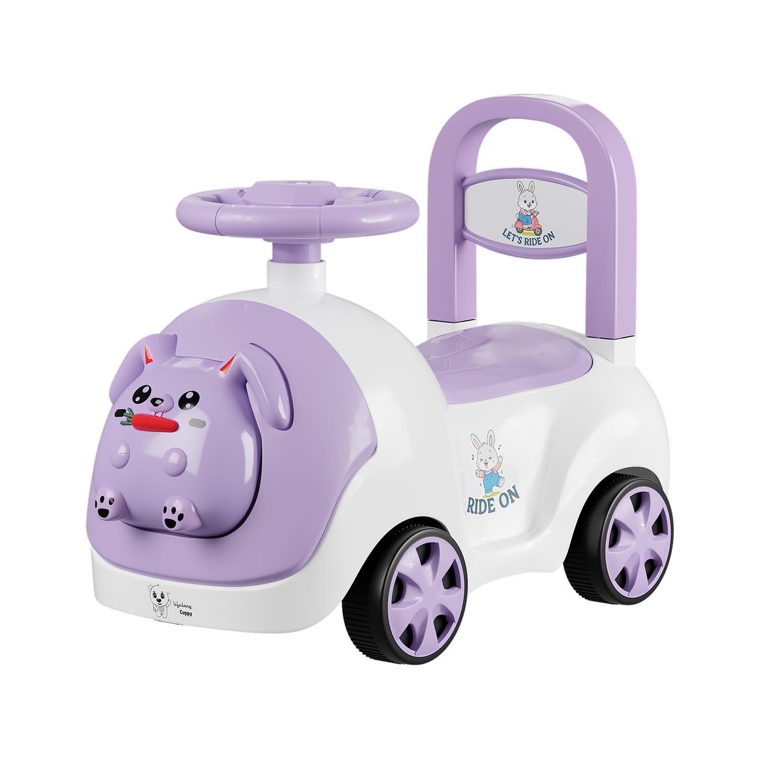 Lifelong Bunny Manual Push Ride-On Toy Car with Back Support for Boys & Girls 1-4 Years, Distraction-Free, Non-Musical, Easy Installation, 50kg Capacity, Steering Wheel, Storage, Indoor Outdoor Fun