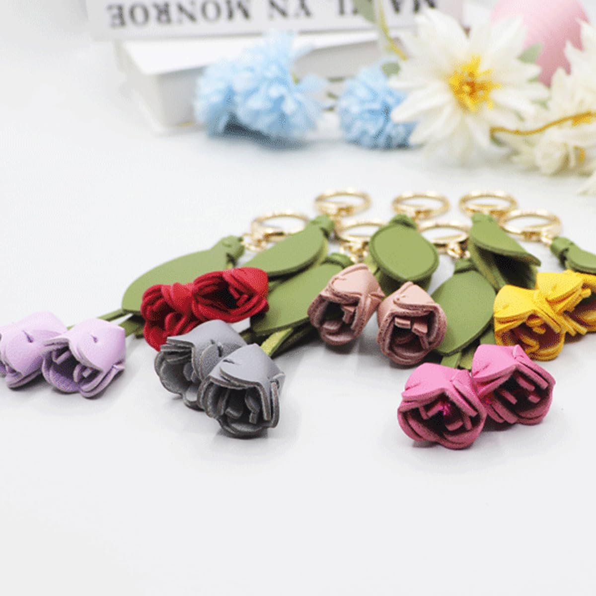 Leather Tulip Flower Keychain, Boho Floral Accessories Key Chains for Women Girls Wallet Purse Ring Pendant Charms - Image 7