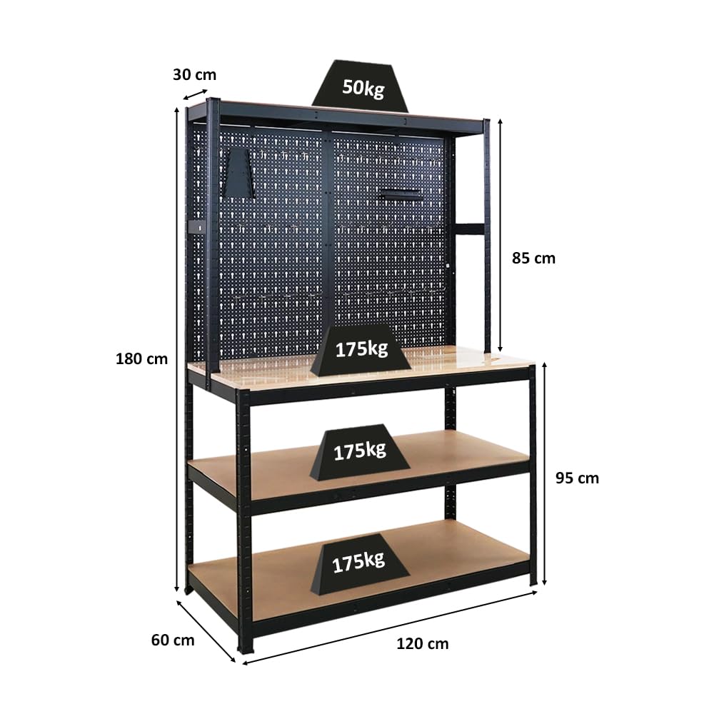 PROREGAL Profi - Tavolo da lavoro Giant Beast con parete perforata | HxLxP 180x120x60cm | Capacità di carico 175kg | Nero