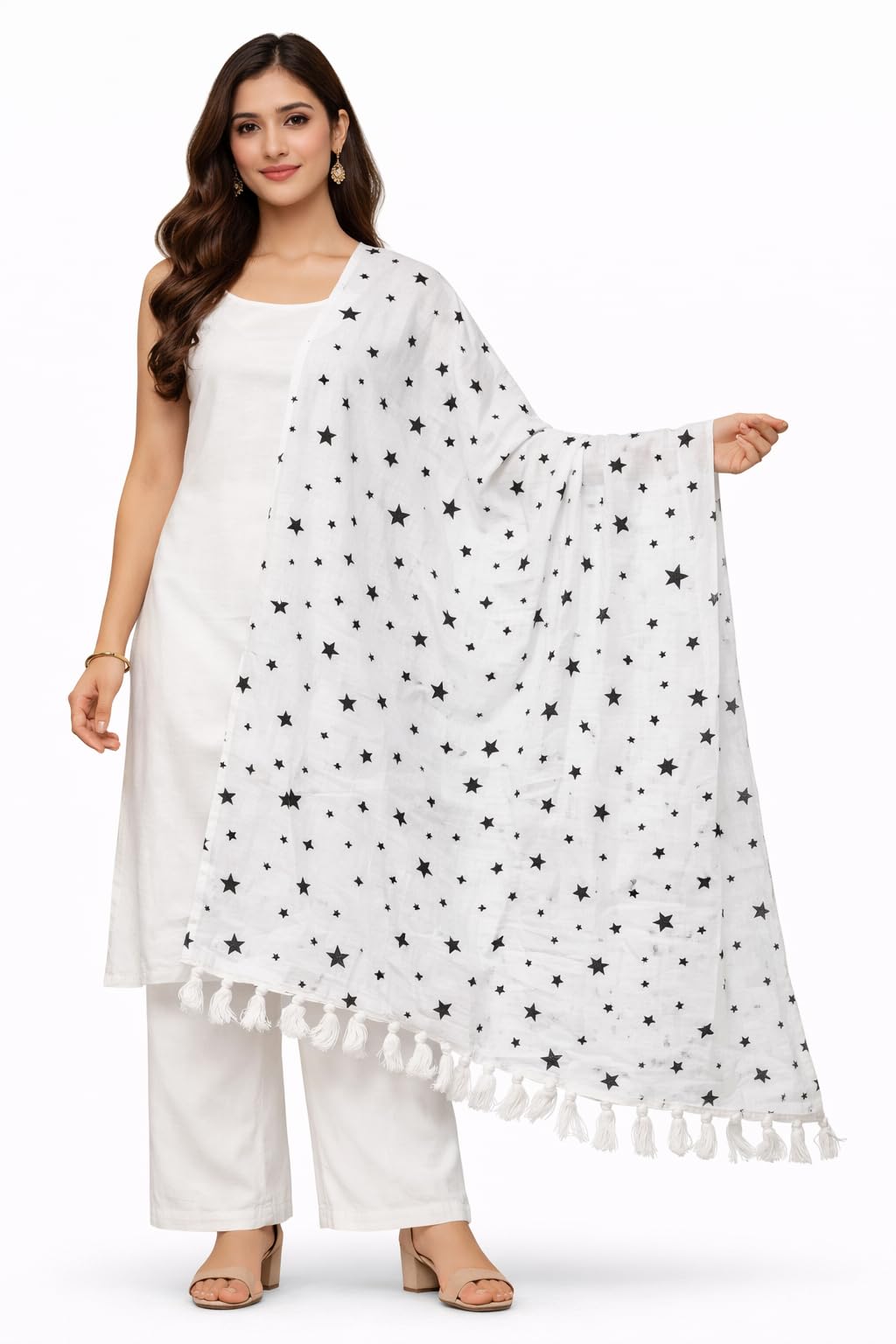 White Dupatta with Colorful Heart and Tassel Detail-image-32
