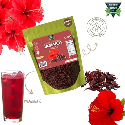 Miniatura 2 de Green Royalty Jamaica (Hibiscus) 4 onzas  Flores de hibisco secas 100% naturales  Sin OMG, sin gluten, infusión de hierbas sin cafeína  Bolsa