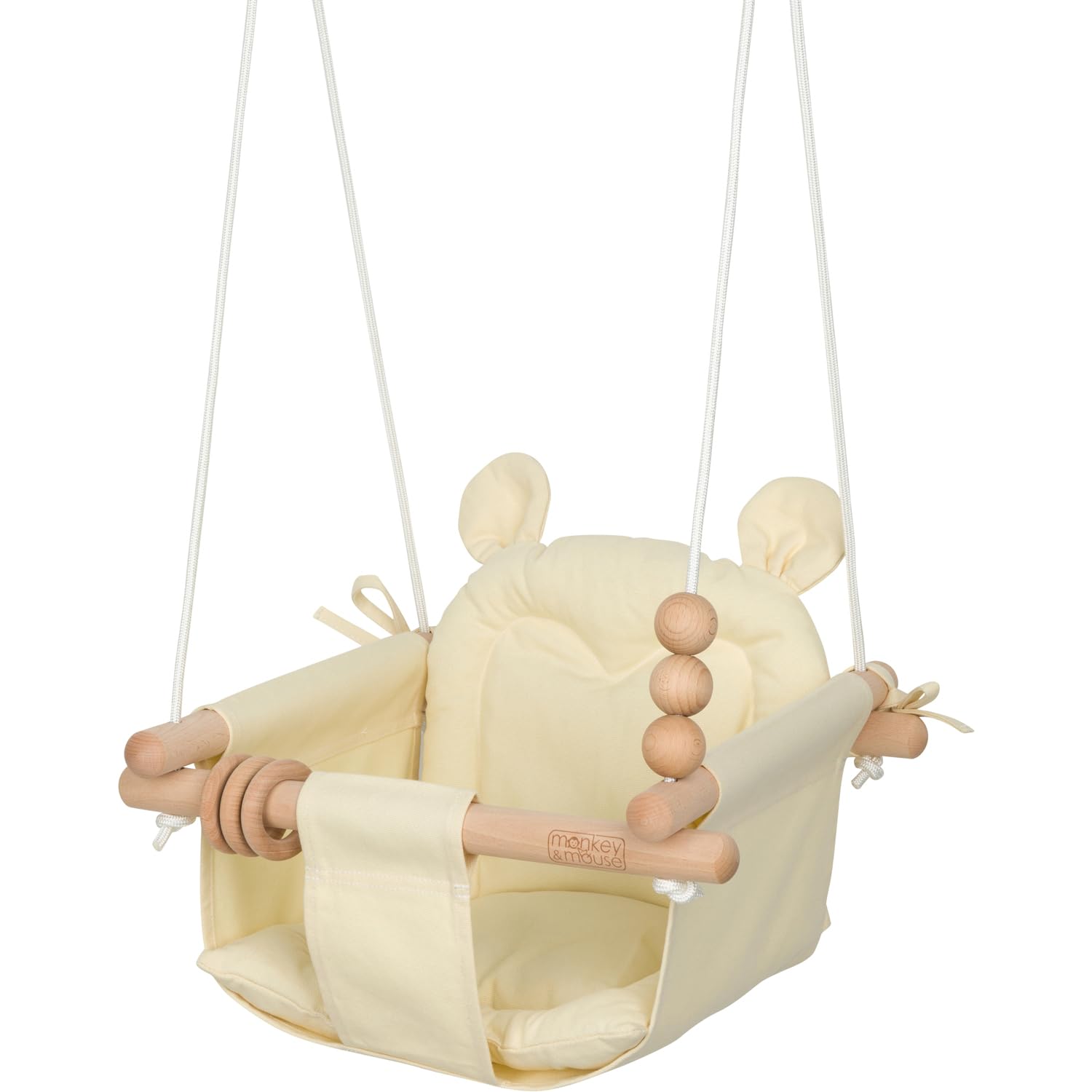 Monkey &amp; Mouse Baby Swing, Pale Yellow Indoor Outdoor Portable Hanging Chair, Infant &amp; Toddler Kids 12 Months - 4 Years, Cotton Canvas &amp; Beech Wood Frame, Sensory Hammock Boy &amp; Girl Seat w/Wooden Toys