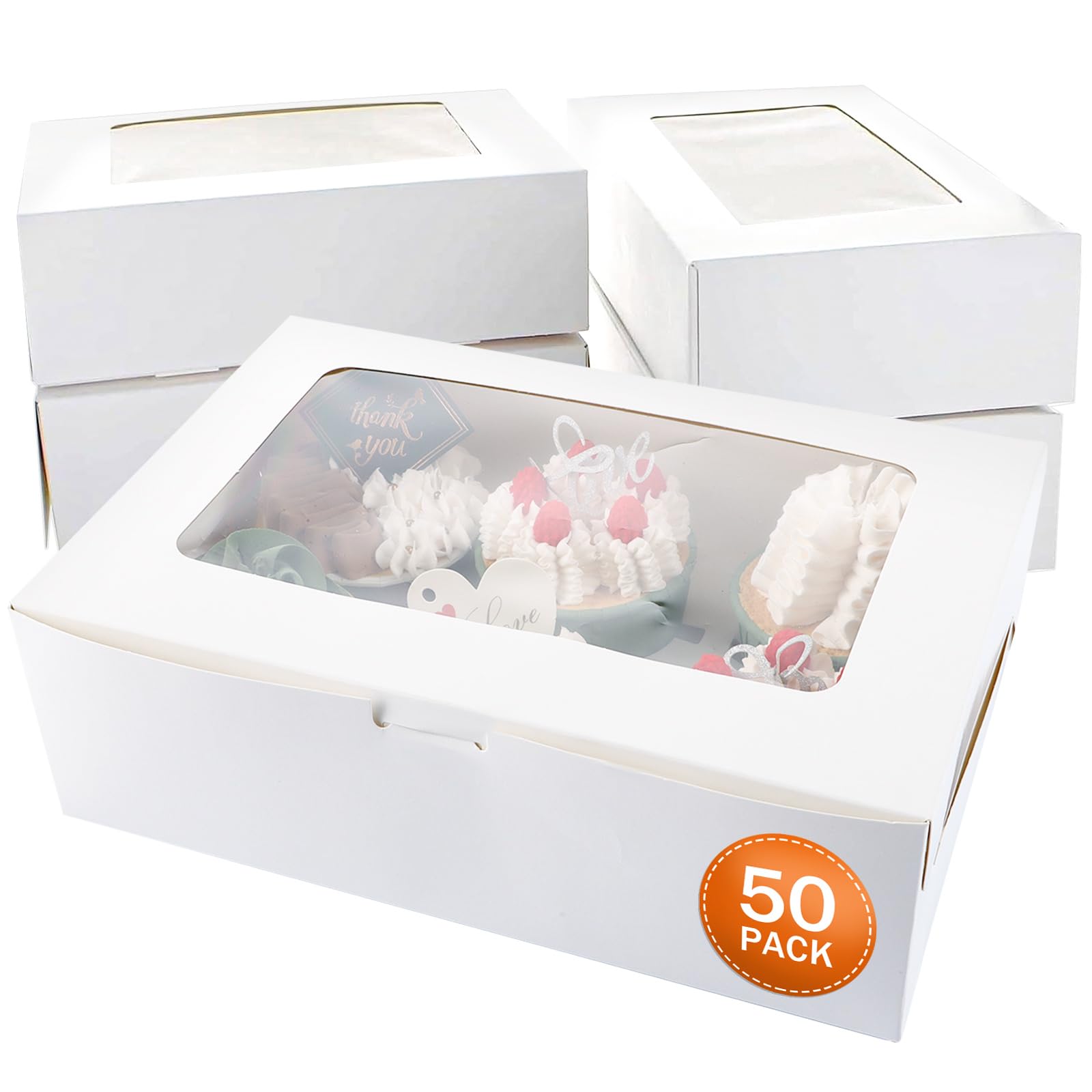 50 cajas para cupcakes de 6 agujeros, 24 x 16 x 7,5 cm, 6 agujeros, cajas blancas para cupcakes, 6 con ventana e insertos, cajas rectangulares para tartas para llevar exhibir comida