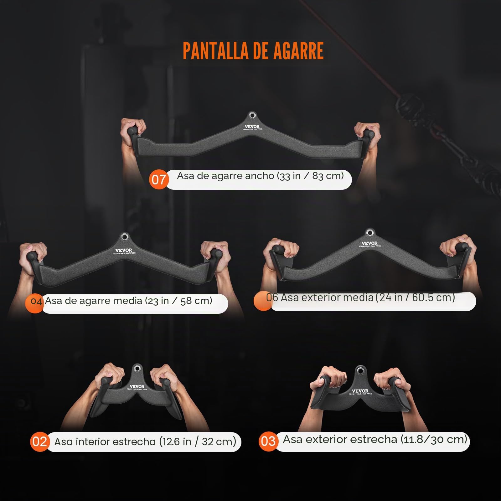 VEVOR Barras Extraíbles para Máquina de Cable 5 Piezas Barra de Tracción para Tríceps Mango Recubierto de Goma para Entrenamiento de Fuerza de Espalda Barra en V Barra en T para Dominadas de Tríceps