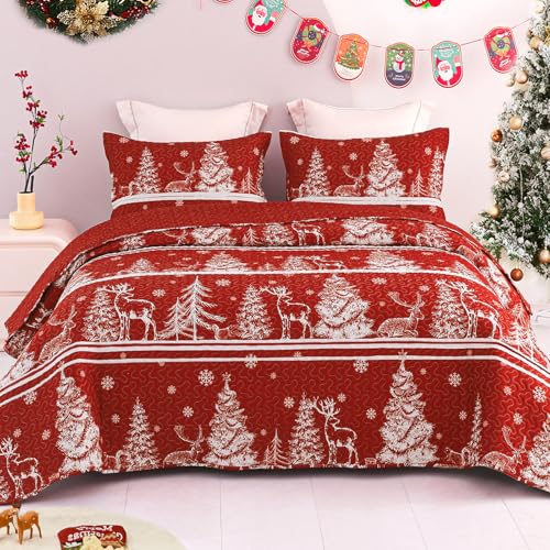Exclusivo Mezcla Reversible Christmas Quilts Queen Size, Red Bedspread Lightweight Coverlet Winter Quilt Bedding Set with Printed Striped Trees Snowflakes Pattern (1 Quilt, 2 Pillow Shams)