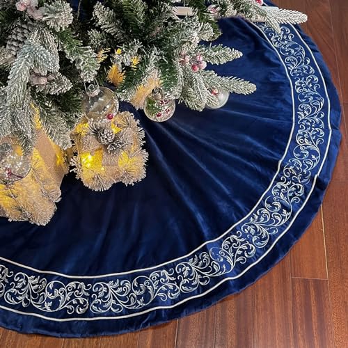 Funacce FA_0013 Christmas Tree Skirt 60 Inch, Blue Luxury Velvet Plush Faux Fur Extra Large Skirts thumb #3