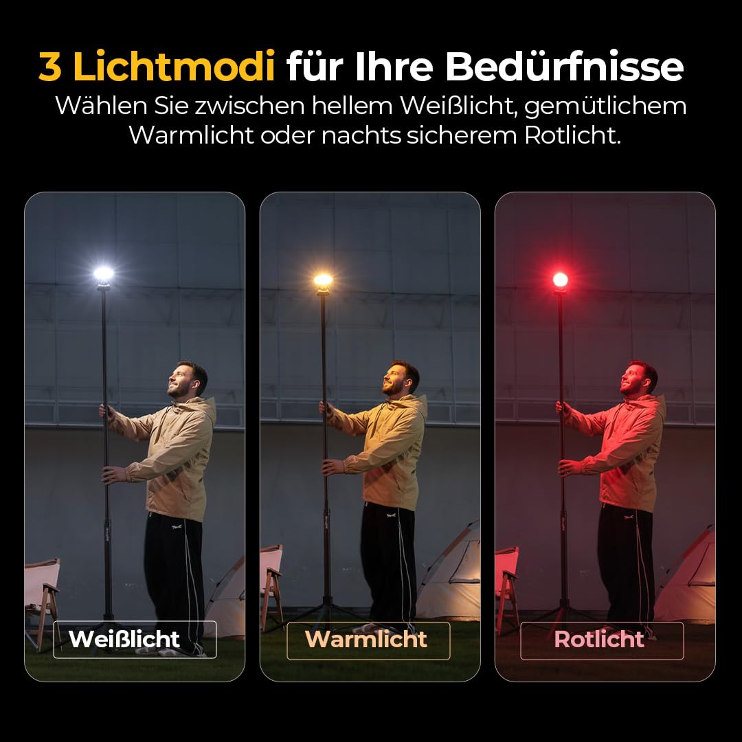 BougeRV Campinglampe CL03, 7-90 Std. Laufzeit, 2,3m Einziehbar, Dunkelgrün | 3200LM, 8000mAh Aufladbar Campinglaterne, Teleskop-Arbeitsbeleuchtung für Overlanding, RV, Camping, Baustelle, Garage