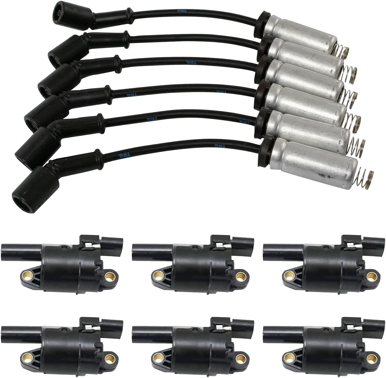 TRQ Ignition Kit Ignition Coils Spark Plug Wire Set 7 Piece Compatible with 2014-2021 Chevrolet Silverado 1500 4.3L V6 2014-2021 GMC Sierra 1500 4.3L V6 ROUND STYLE COIL ONLY