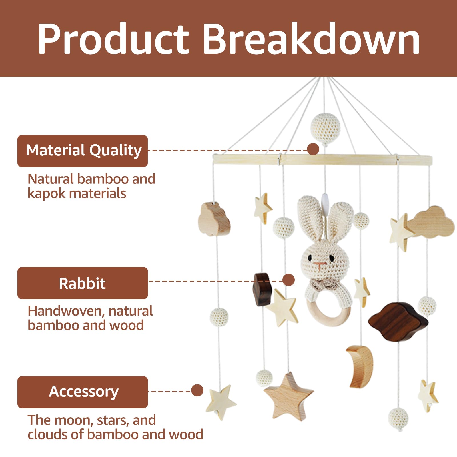 Baby Crib Mobile Wooden Hanging Baby Bed Bell, Cute Rabbit Animals Wood Crocheted Mobile Newborn Toys Cot Bed Pendant Decoration for Infants Boys Girls Bedroom Nursery