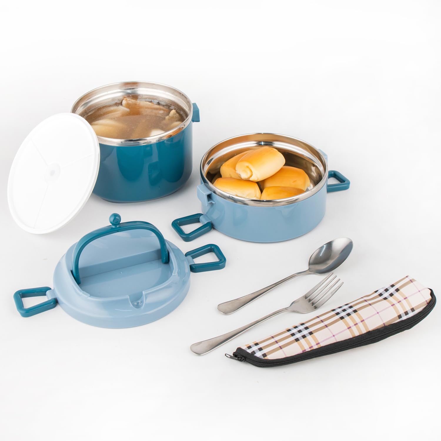 SANQIAHOME 2 Schichten Mehrschichtige stapelbare Edelstahl-Lunchbox,Auslaufsicher,blau