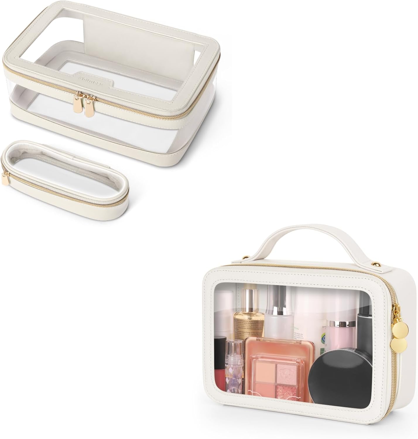 Travel Clear Makeup Bag with Makeup Brush Bag, Leather Makeup Case Toiletry Bag, Portable Cosmetic Bag Case, Transparent Waterproof Cosmetic Organizer Storage Bag for Women,