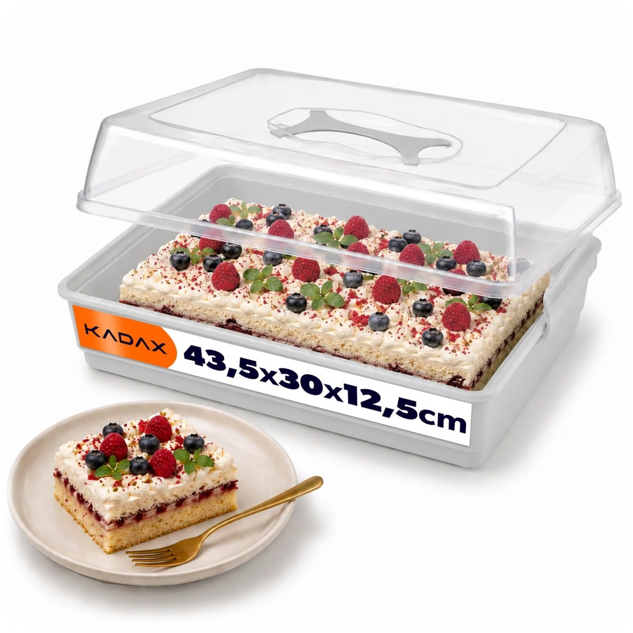 KADAX Scatola per torte rettangolare, 43 x 30 x 12,5 cm, contenitore per torte in plastica, con coperchio, muffin, scatola per alimenti (grigio)