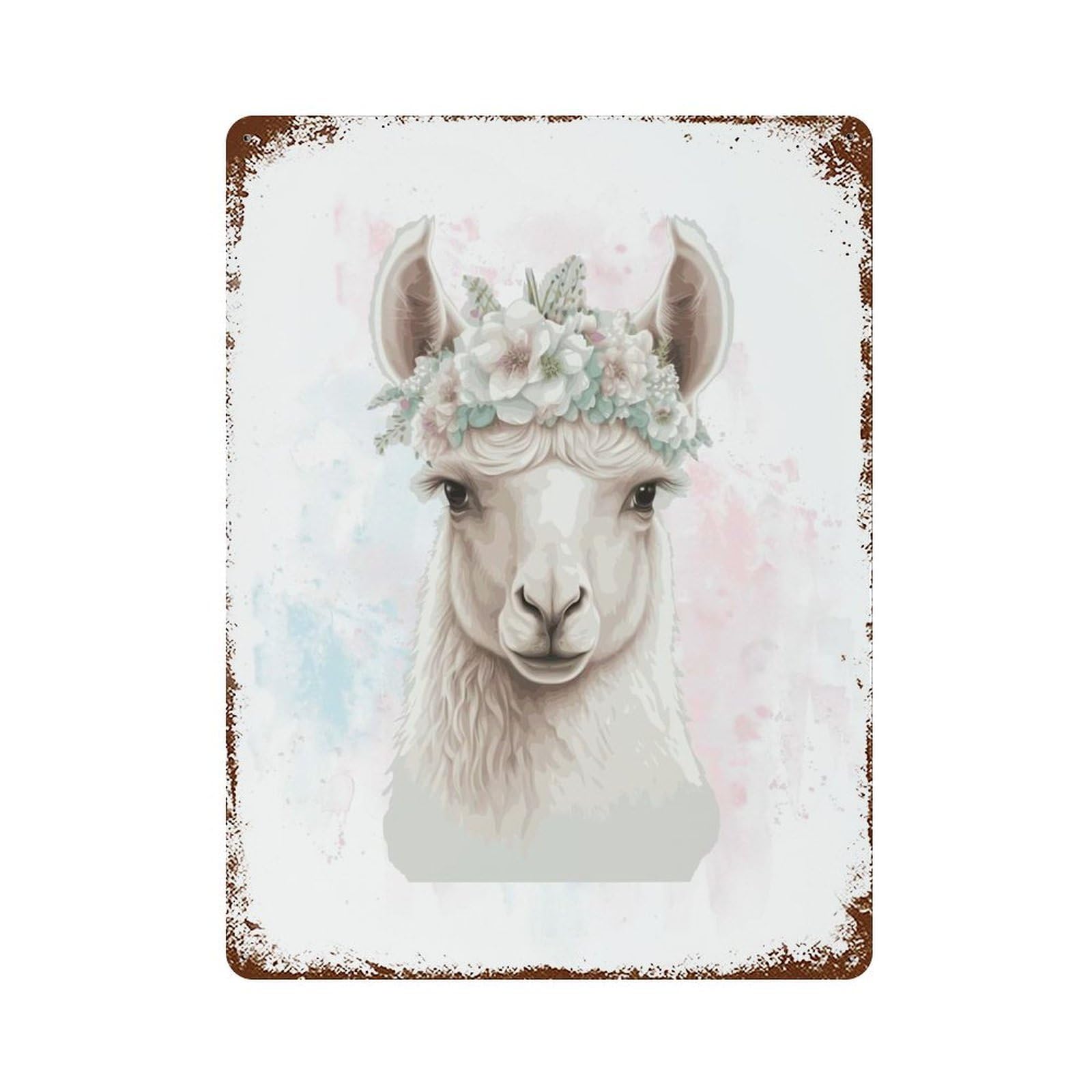 Rust Effect Floral Watercolor Alpaca Rustic Tin Plaque 15.7"x11.8", Industrial Home Decor for Bistro, Counter And Cafe Decor