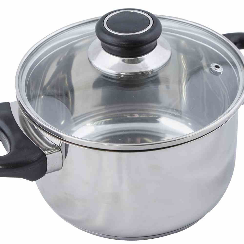 Krüger Edelstahl Kochtopf Denver 16 cm (1,5 L) | Topf mit Glasdeckel | PFAS-frei & unbeschichtet|Induktionsgeeignet|Spülmaschinengeeignet|energiesparender Thermoboden|Für Pasta, Gemüse & Suppen
