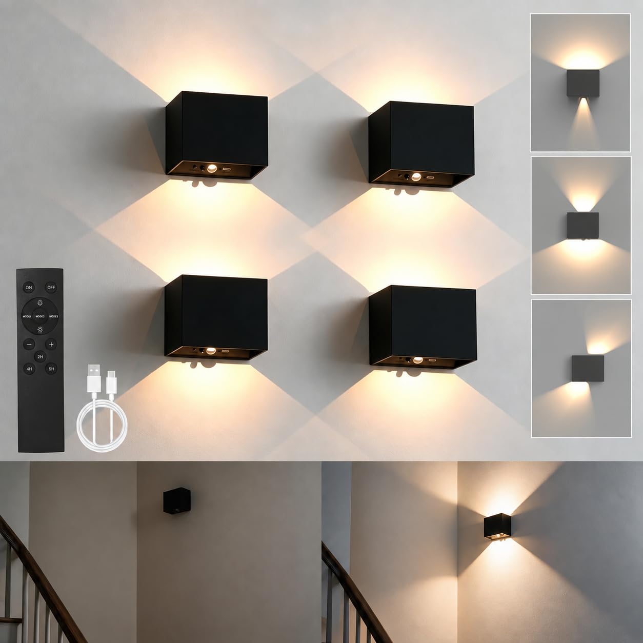 NATPOW Wall Lights with Motion Sensor, Remote Control, On/Auto Mode, 4pack