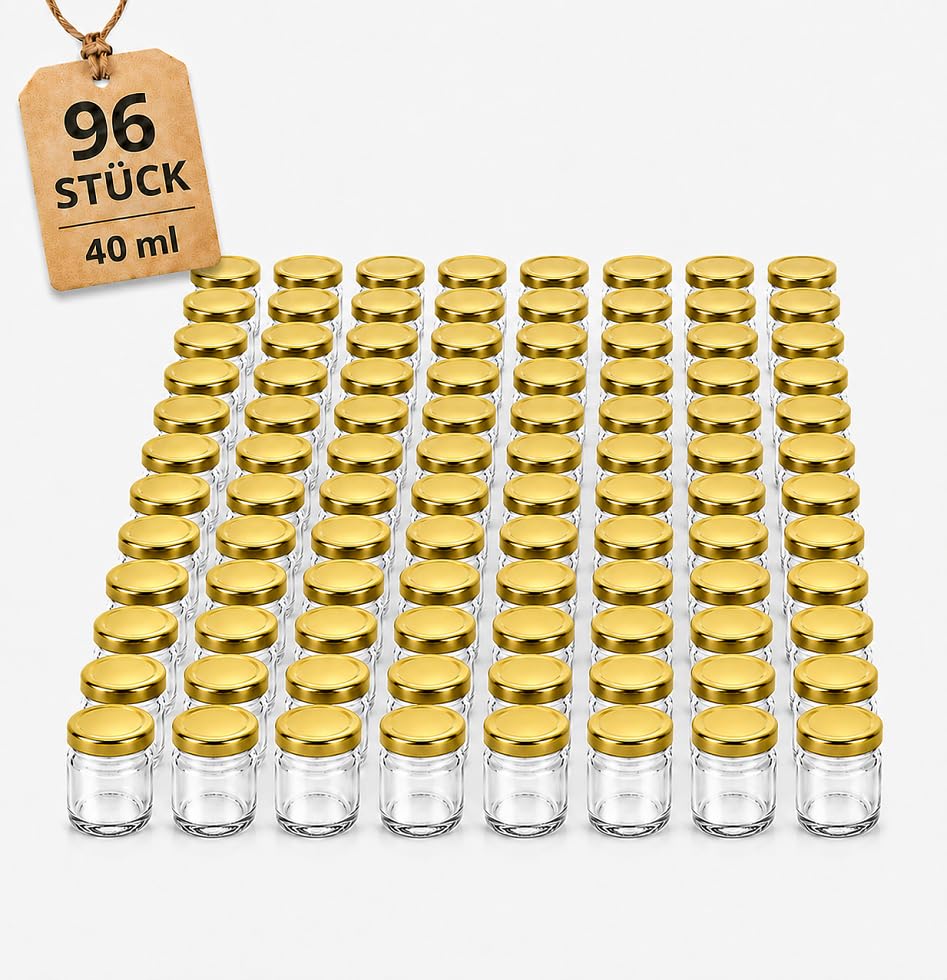 96 sztuk mini słoików 40 ml ze złotymi pokrywkami, małe słoiki na przetwory 46 x 43 mm, szklane pojemniki na dżem, miód, przyprawy, desery i prezenty dla gości