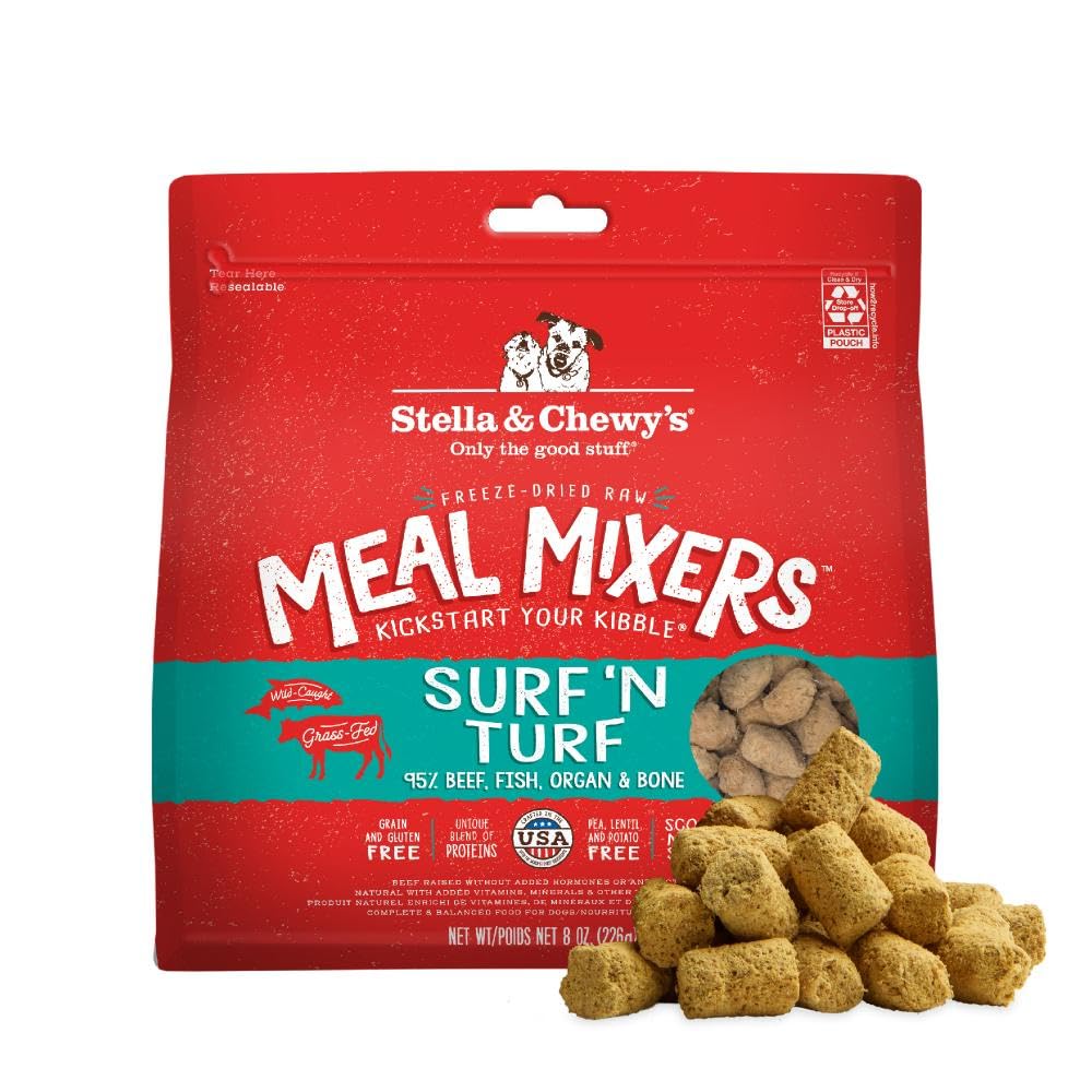 Stella & Chewy's Freeze-Dried Raw Surf & Turf Meal Mixers - Dog Food Topper and Mixer - Made with 95% Grass-Fed Beef & Wild-Caught Salmon - Perfect for Picky Eaters - Grain-Free - 8 oz