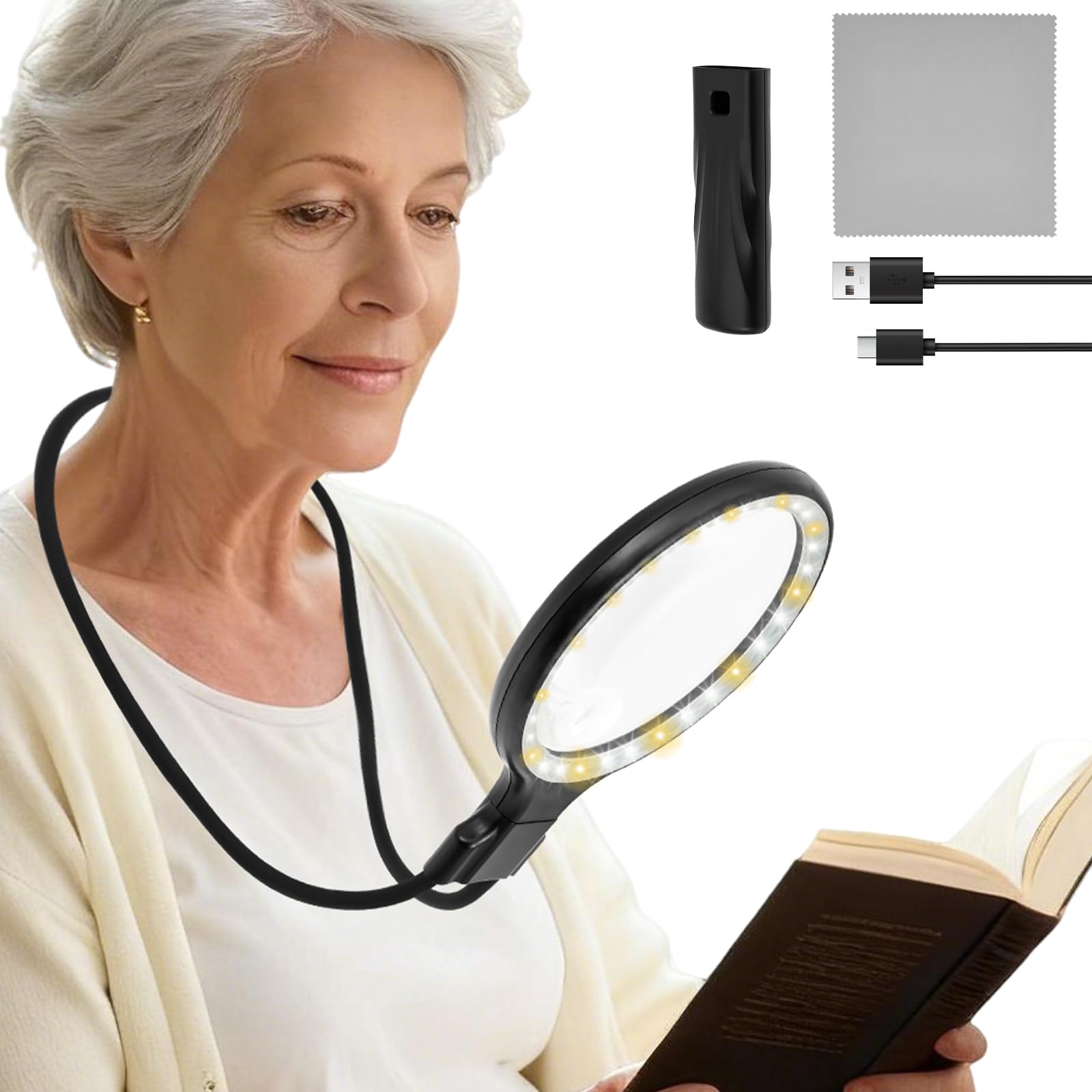 5X 10X Hands Free Magnifying Glass with Light, 3 in 1 Rechargeable Neck Magnifier for Reading Book, Large Full Page Magnify for Seniors, Ideal for Crafts, Sewing, Cross Stitch & Close Work