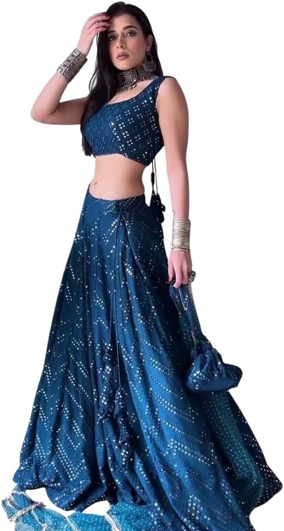 Indian Wedding Sequin Lehenga Choli Set For Women, Blue and Purple, Indian Ethnic Wear