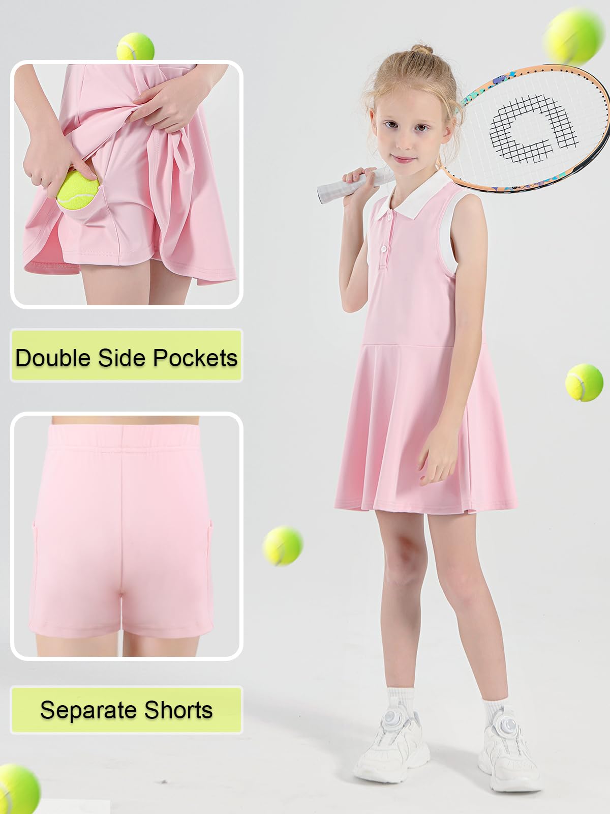 Vestido de Tenis para Niñas con Separados Pantalones Cortos Bolsillos Vestido Deportivo sin Mangas Polo Vestido de Golf 5-15 años