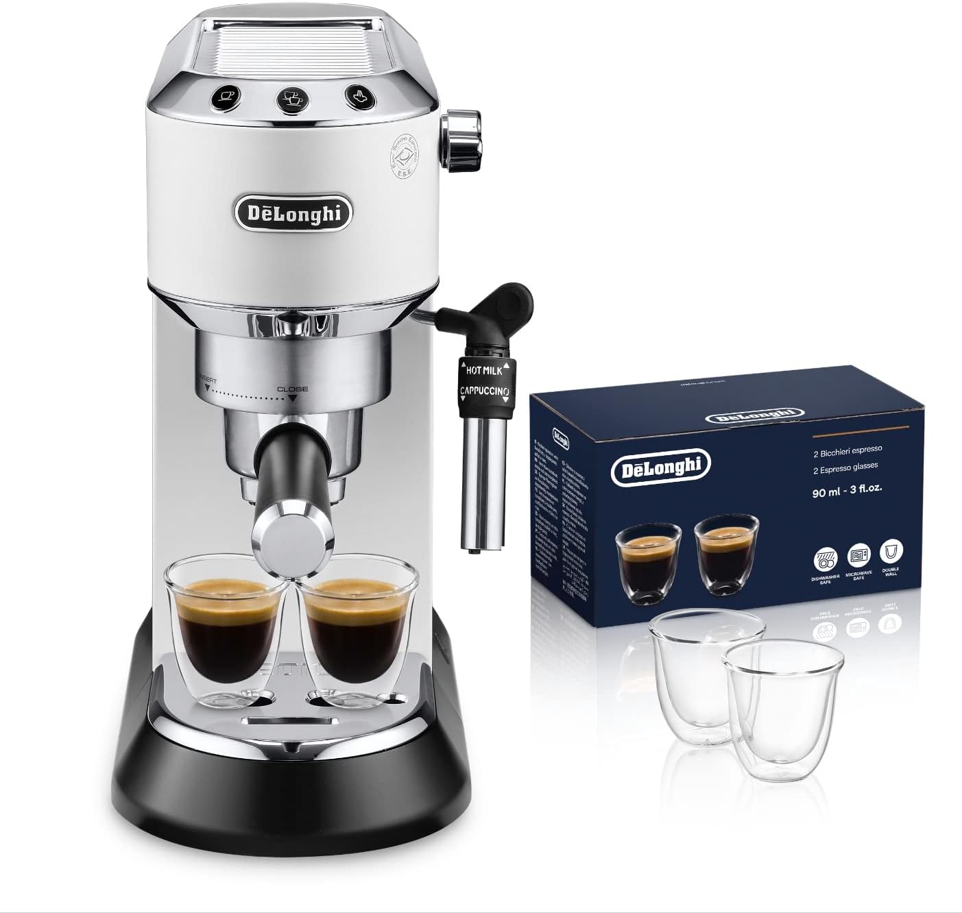 DeLonghi Dedica EC685.W Macchina da Caffè Espresso Manuale e Cappuccino + 2 bicchieri espresso, Caffè in Polvere o in Cialde E.S.E., 1350 W, Bianco DeLonghi Dedica EC685.W Macchina da Caffè Espresso Manuale e Cappuccino + 2 bicchieri espresso, Caffè in Polvere o in Cialde E.S.E., 1350 W, Bianco
